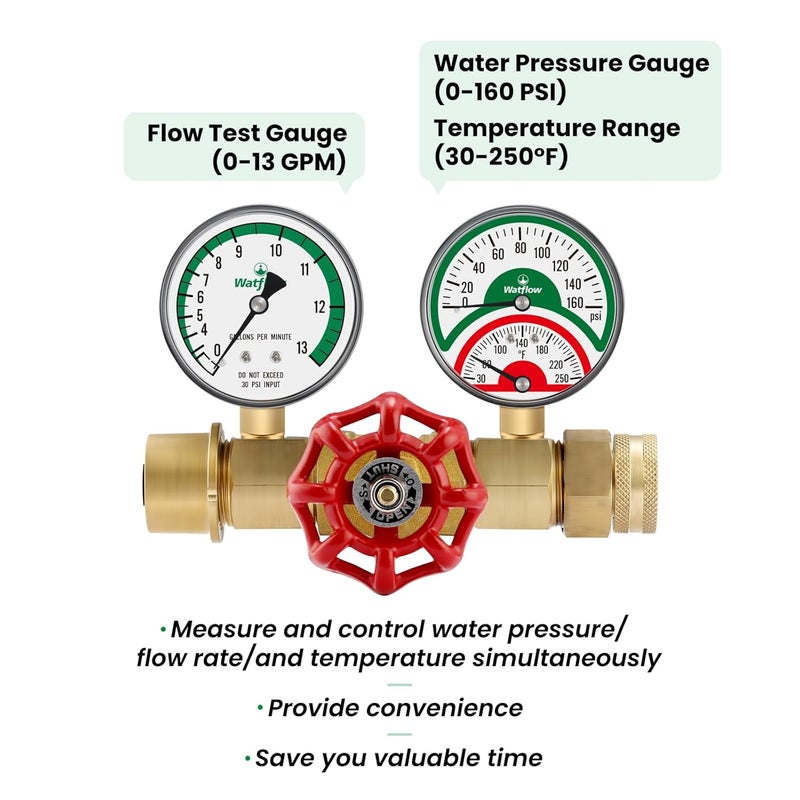 Watflow Water Flow Gauge, Temperature and Pressure Test Assembly, 0-160psi,0-13 GPM, 3/4" Female Hose Thread. - Image 2